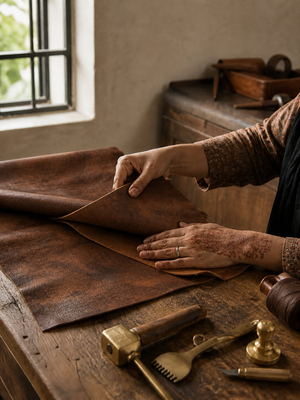 Illustration of leather cutting, inspired by regional craft traditions