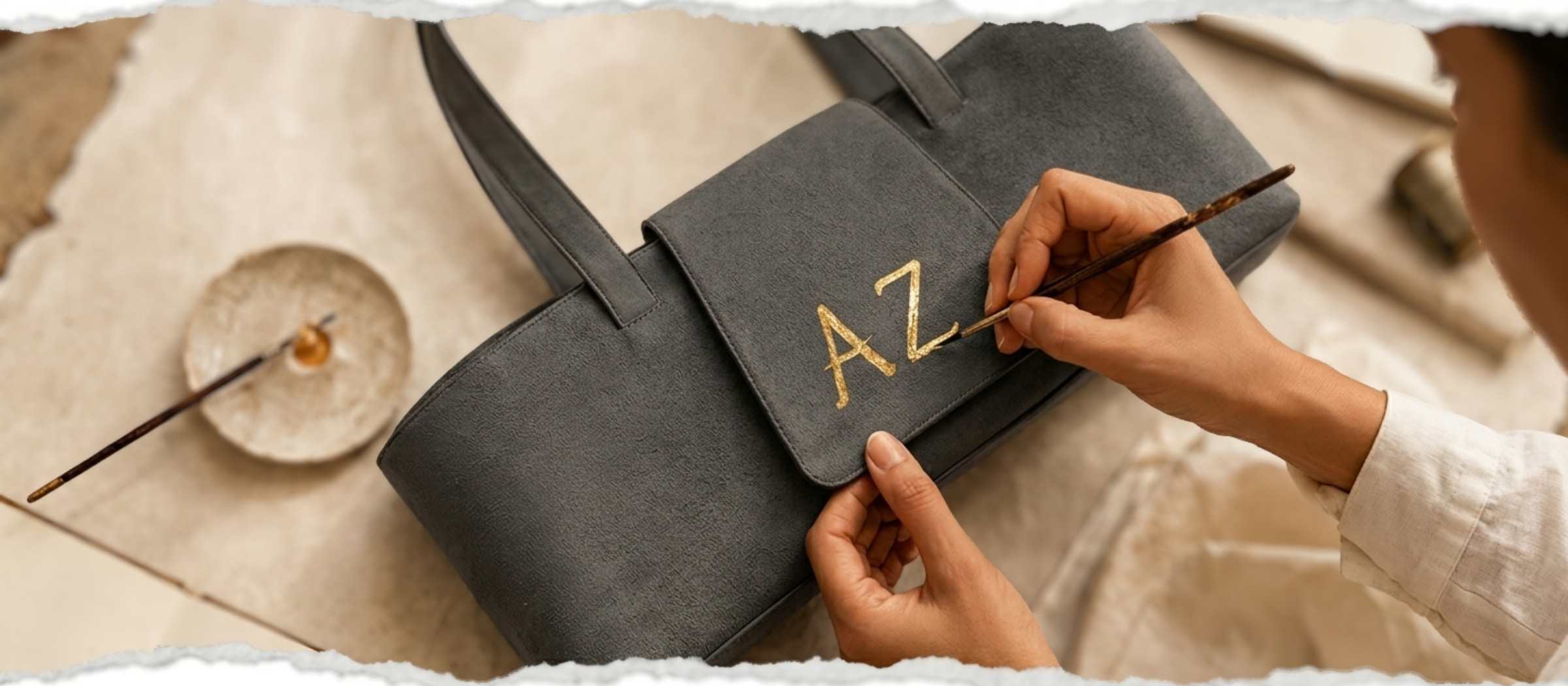 Annem hand-painting initials in warm gold on the flap of a charcoal leather bag, brush mid-stroke