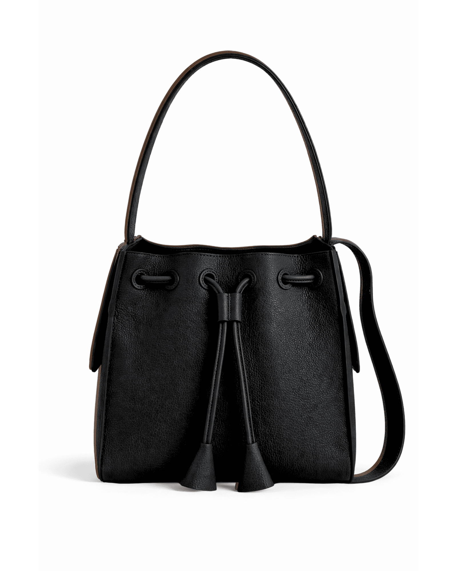 The Cove drawstring bucket bag in Onyx, shown in plain leather