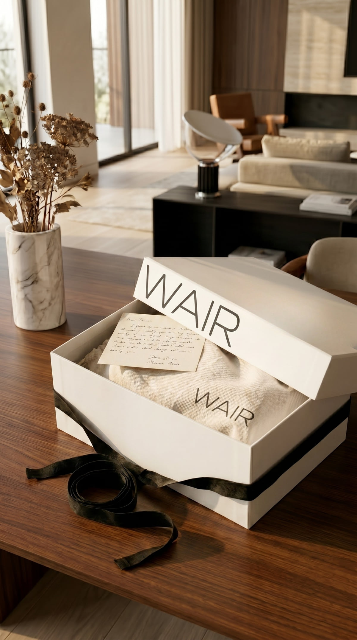 An open WAIR gift box with a cloth bag cover, handwritten card and black ribbon on a wooden table