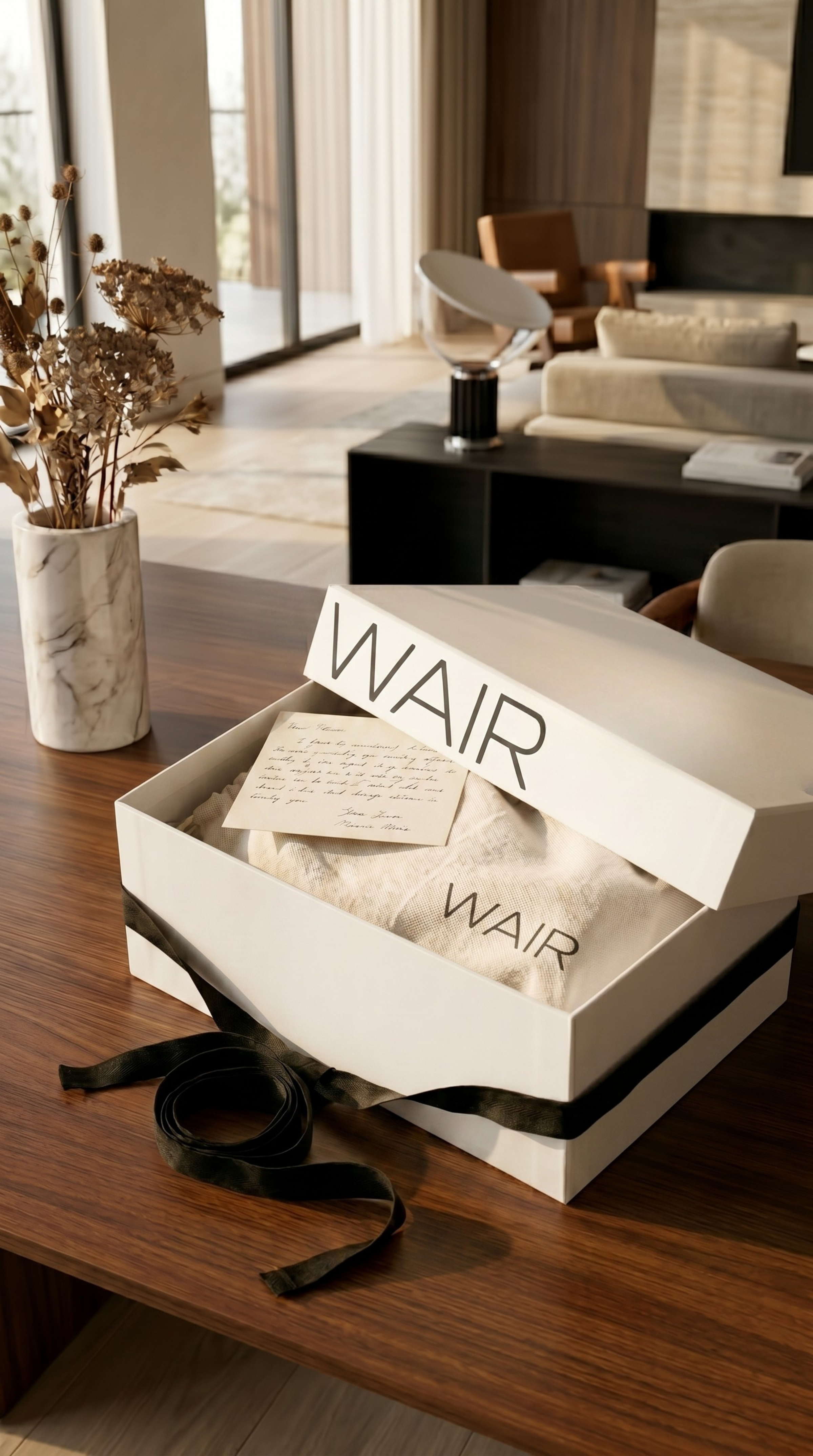 A WAIR gift box on a walnut table — open lid, hand-written note, black ribbon