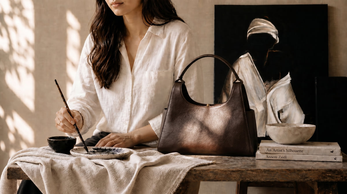 Hand-painted leather handbag and a brush in WAIR's Bethesda atelier