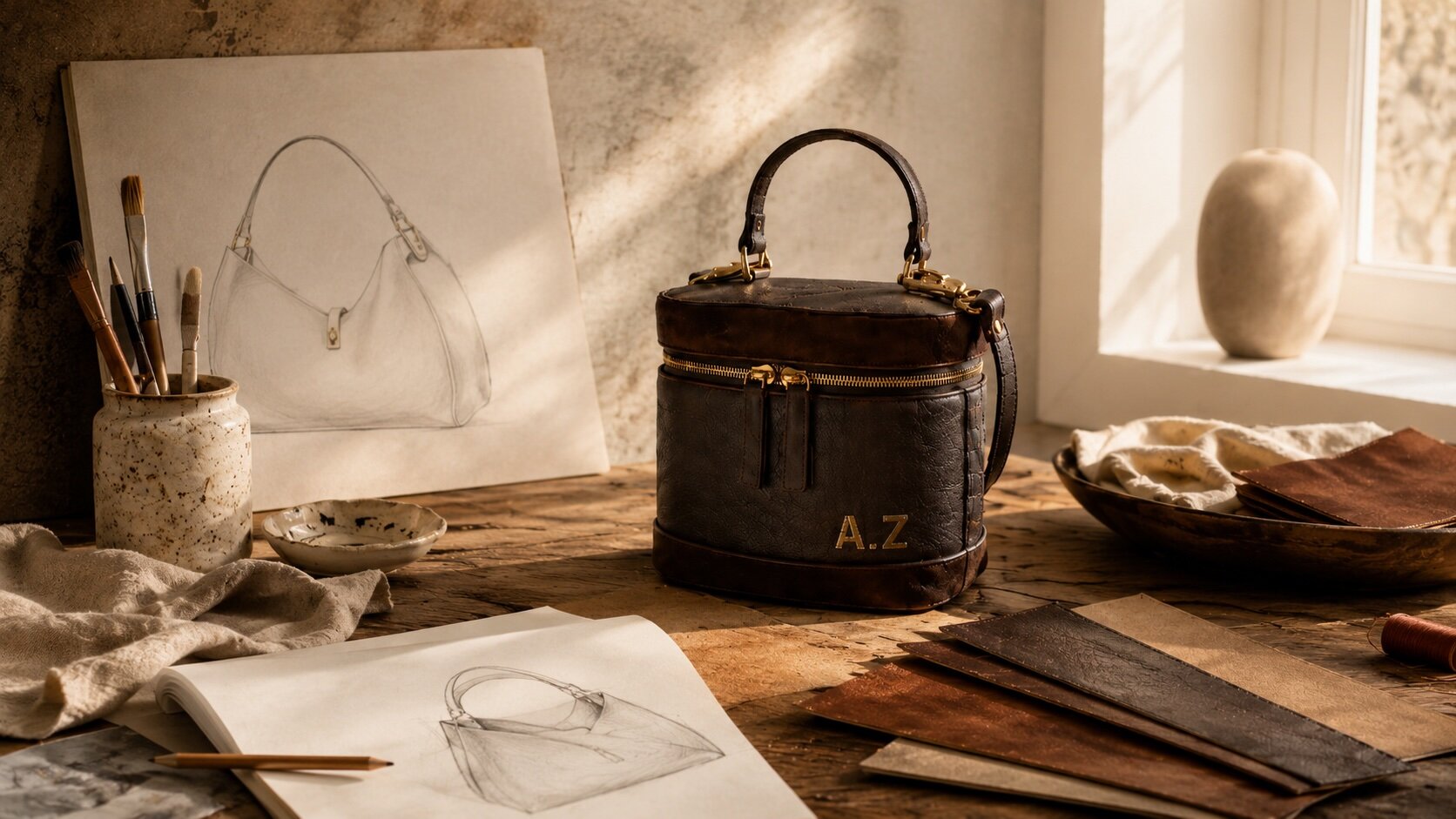 Editorial cover illustration of a brown top-handle bag with gold A.Z initials, arranged on a workbench.
