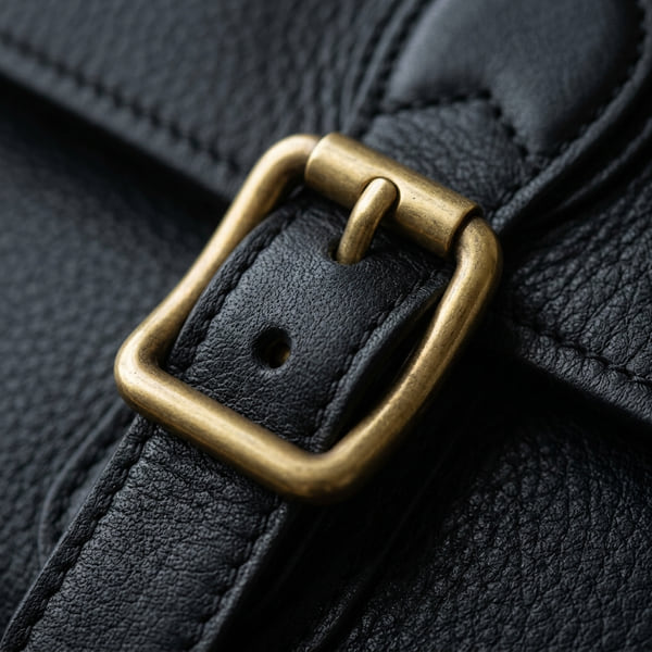 Close detail of a gold-toned buckle and leather strap