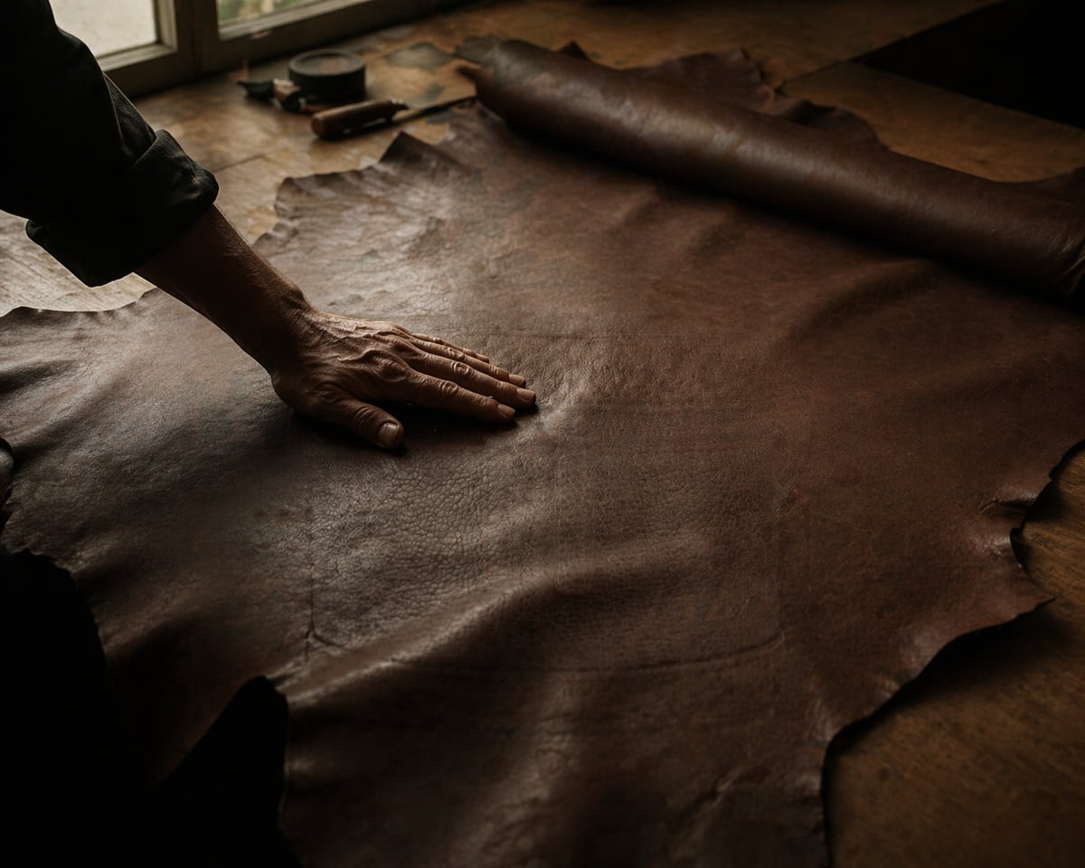 A full hide laid flat on the workbench, a hand pressed across the grain to read its texture and topography.