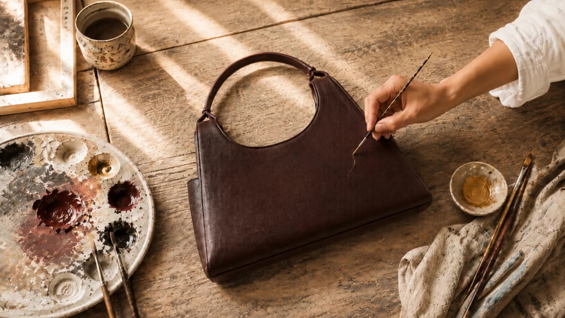 Brush and pigment at the workbench, beside a leather bag