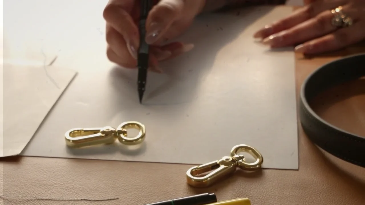 Hands drawing a bag design beside leather and brass hardware.